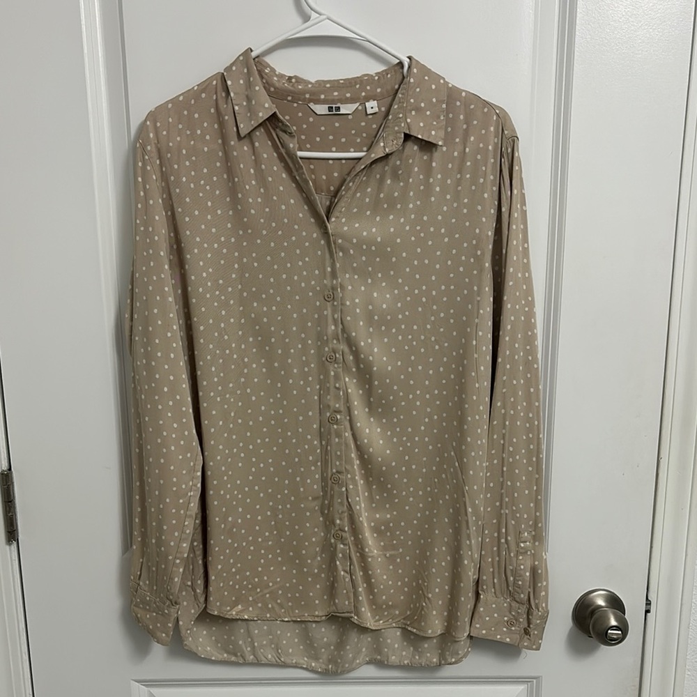 Tan Polka Dot Button-Up Blouse